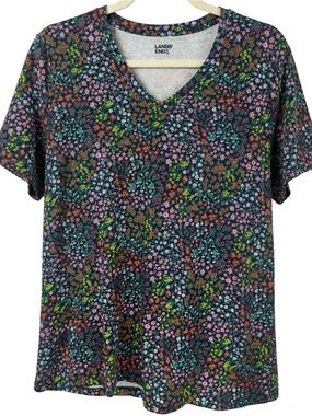 Lands' End Floral V-Neck Short Sleeve Cotton T-Shirt L 14-16